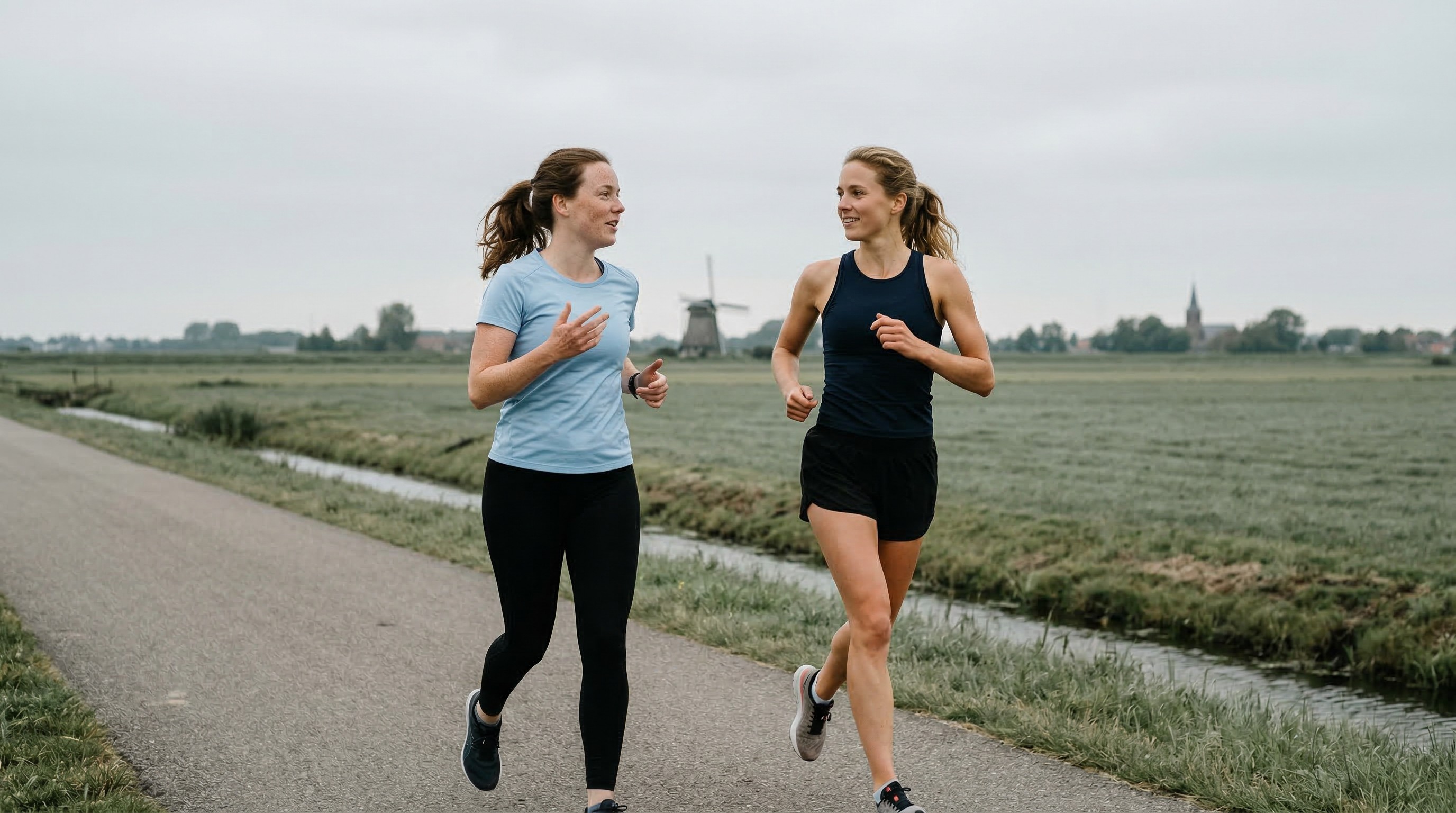 Two female athletes running together on a quiet Dutch country road at dawn
