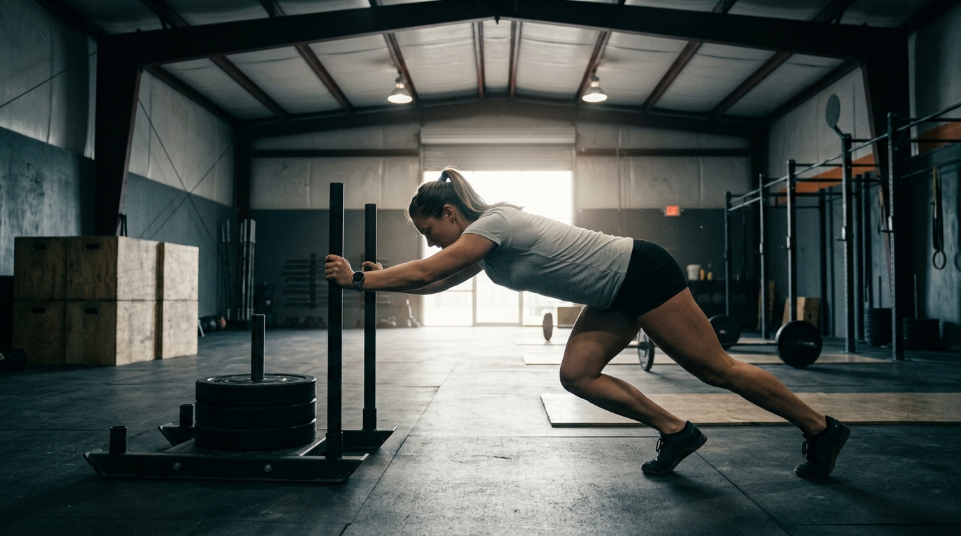 Female athlete pushing a weighted sled in a dark industrial gym with dramatic lighting