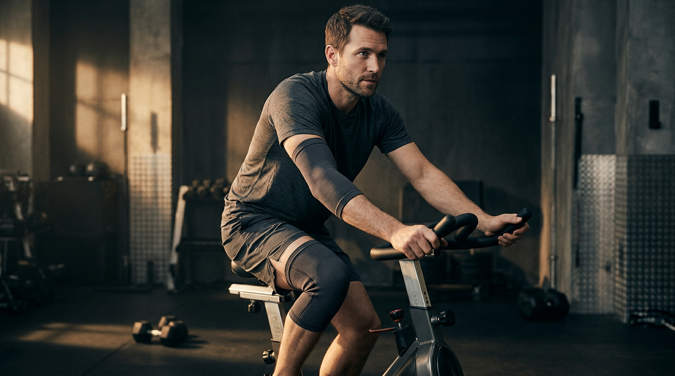 Male athlete with knee compressor training at low effort on a spinning bike