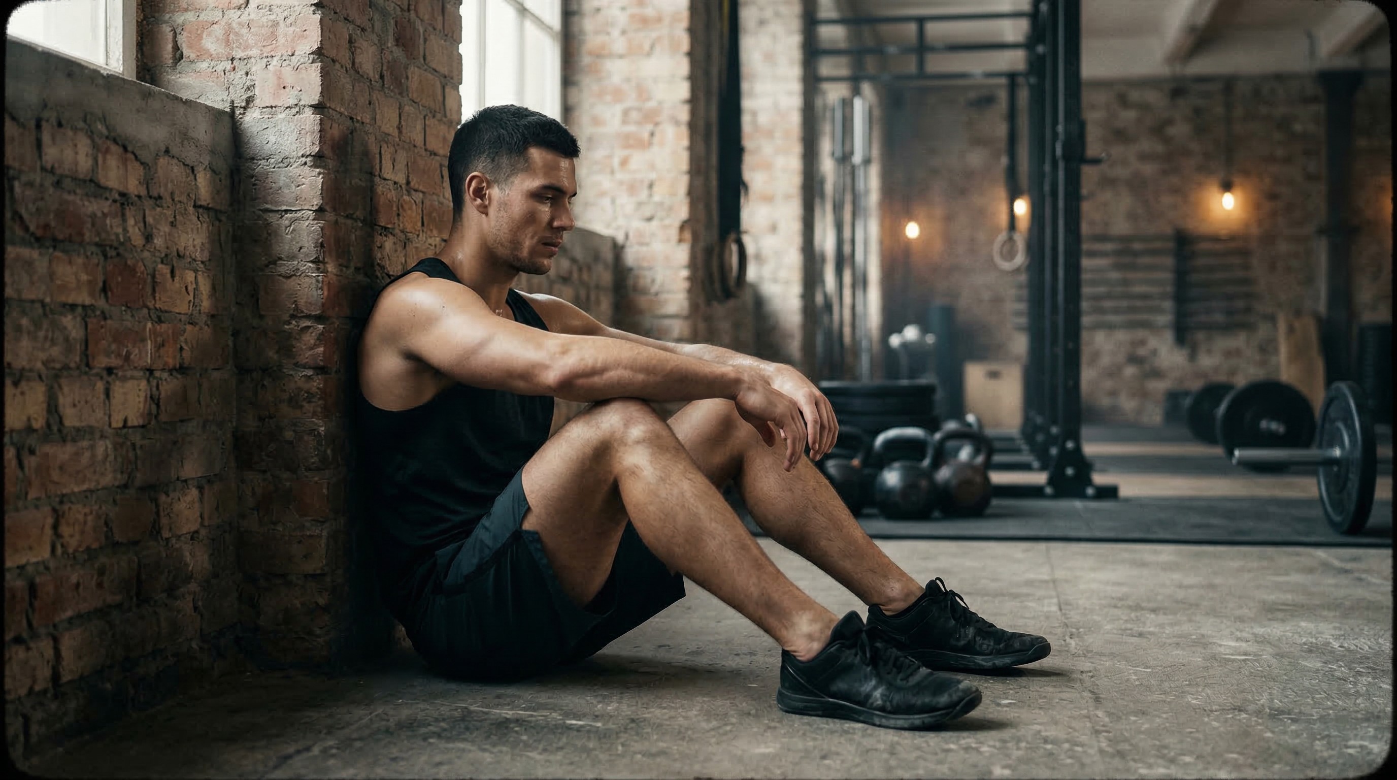 Athlete resting between sets in a dimly lit gym, reflecting on training structure