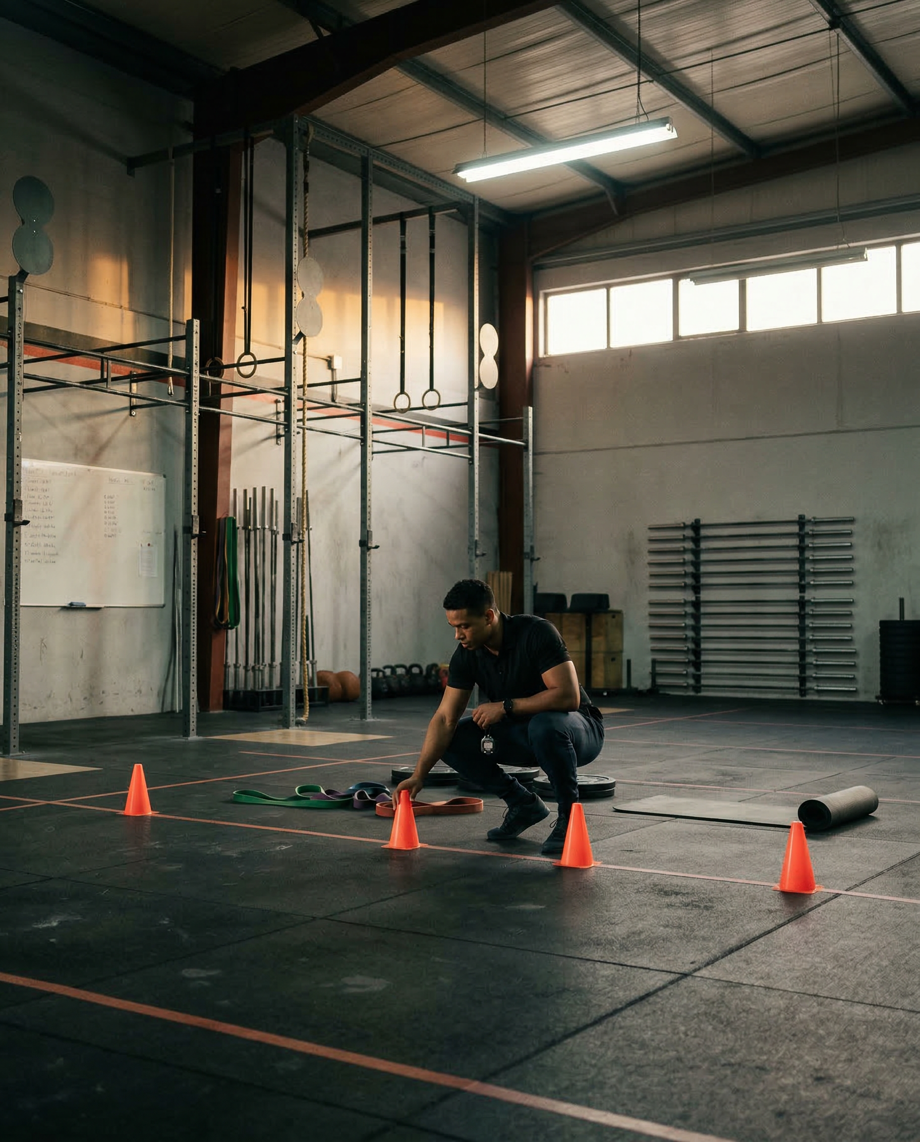 Coach crouching to set up training cones and resistance bands in a CrossFit gym